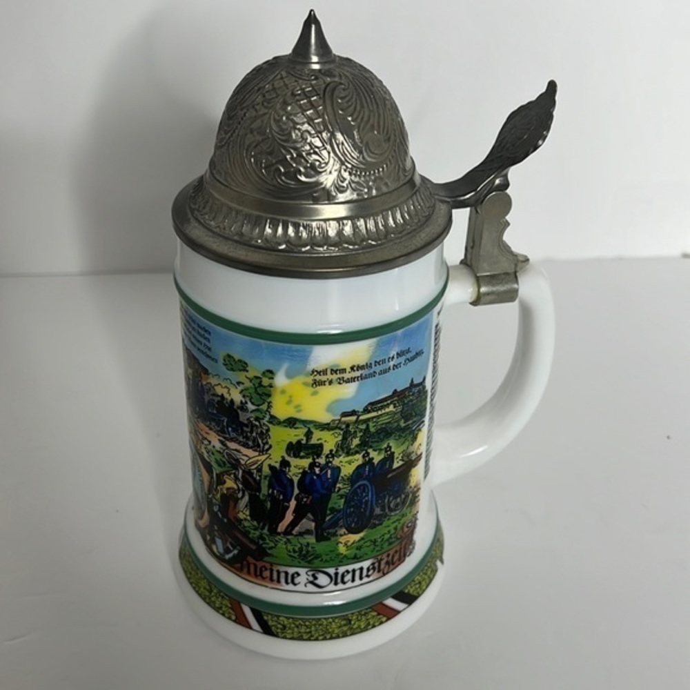Original BMF Bierseidel German Military Milk Glass Lidden Beer Stein